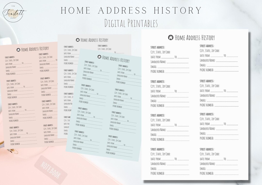 Home Address History Digital Printables - Simple and Minimal Design ...