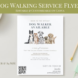 Pôster de panfleto comercial para passear com cães, babás de animais de estimação, arquivo de modelo digital editável em Canva para passeadores de cães e empresas de cuidados com animais de estimação, download instantâneo