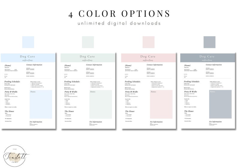 Editable Digital Dog Sitter Notes, Dog Care Instructions Template Available in 4 Color