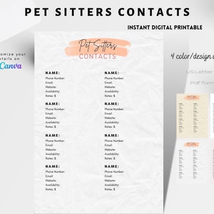 Pode incluir: Folha de contacto imprimível para cuidadores de animais de estimação. A folha tem um fundo cor de pêssego com o texto "Pet Sitters Contacts" em preto. A folha é dividida em quatro seções, cada uma com o cabeçalho "NAME:" e espaços para o nome do cuidador de animais de estimação, seu número de telefone, e-mail, site, disponibilidade e taxas.