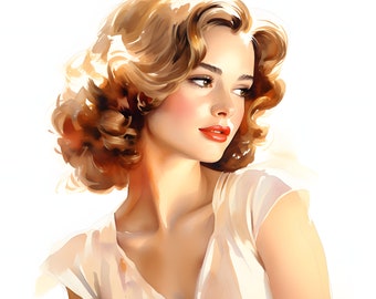 Retro Woman Watercolor Clipart: 1950s Housewives JPG Images (Commercial Use)