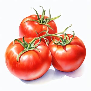 Peut inclure: Une peinture à l'aquarelle de trois tomates rouges mûres avec des tiges et des feuilles vertes. Les tomates sont rondes et ont un aspect brillant, avec des reflets et des ombres. Le fond est blanc.