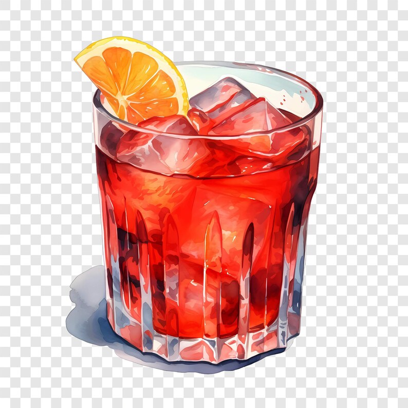 K&ouml;nnte beinhalten: Aquarell-Illustration eines Cocktails in einem klaren Glas. Das Getr&auml;nk hat eine leuchtend rote Farbe, ist mit Eisw&uuml;rfeln gef&uuml;llt und mit einer Orangenscheibe garniert. Das Glas hat ein facettiertes Design.