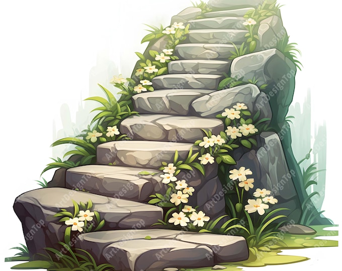 Stone Stairs Clipart, Floral Stairs Images, 10 Watercolor Clip Art, Printable JPGs, Instant Download, Commercial Use, Paper craft