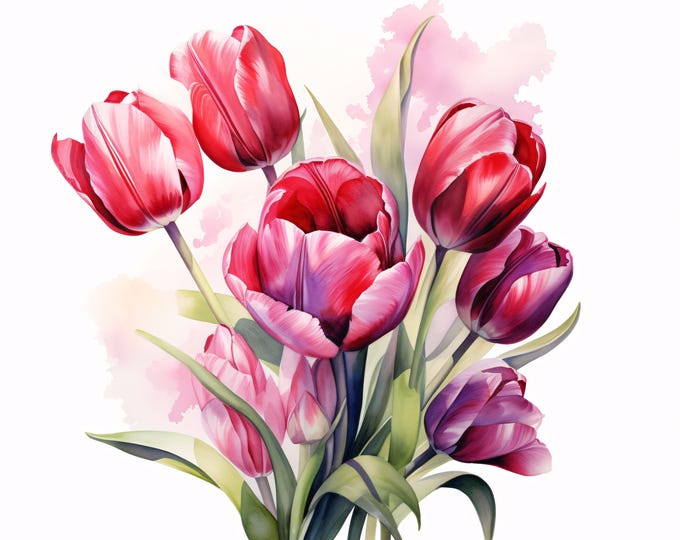 Red Pink Tulip Bouquet Clipart: Watercolor Spring Flower Images (JPG Digital Download, Commercial Use)