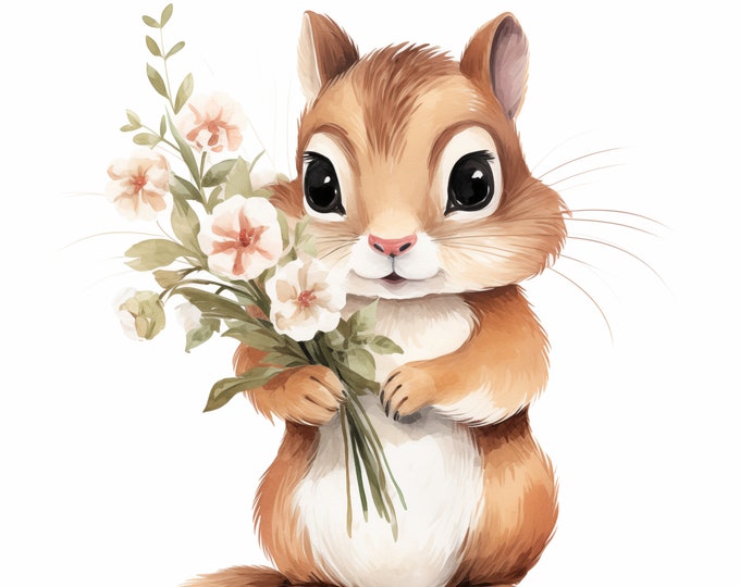 Chipmunk Clipart, Chipmunk with Flowers Images, 10 Watercolor Clip Art, Printable JPGs, Instant Download, Commercial Use, Paper craft