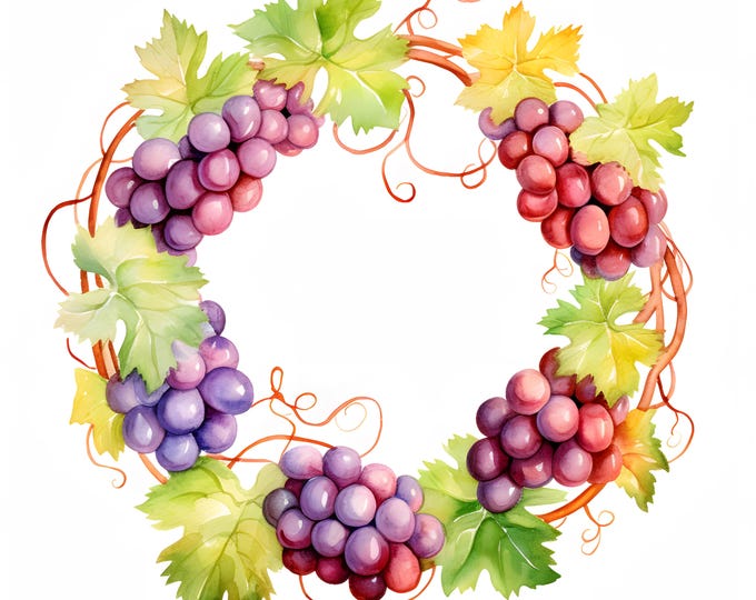 Grapes Wreath Clipart, Wreath of Grapes Images, 10 Watercolor Clip Art, Printable JPGs, Instant Download, Commercial Use, Paper craft
