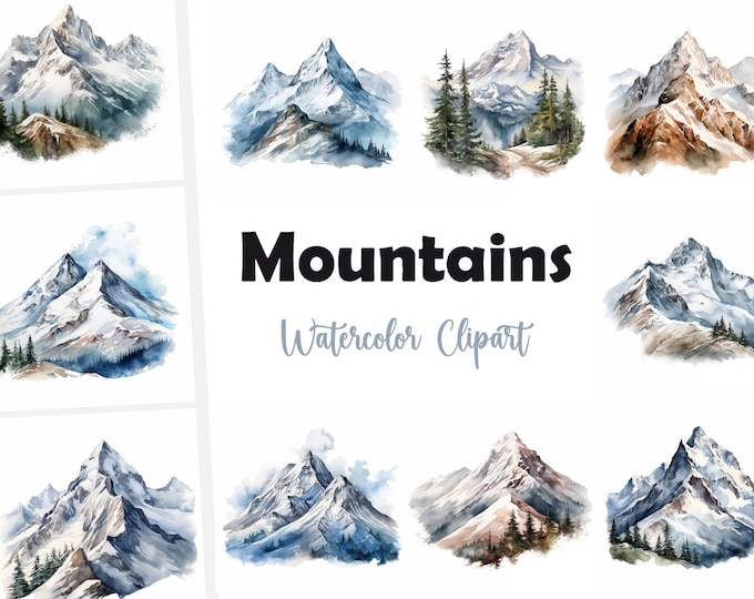 Snowy Mountains Clipart, Mountain Landscape Images, 10 Watercolor Clip Art, Printable JPGs, Instant Download, Commercial Use, Paper craft