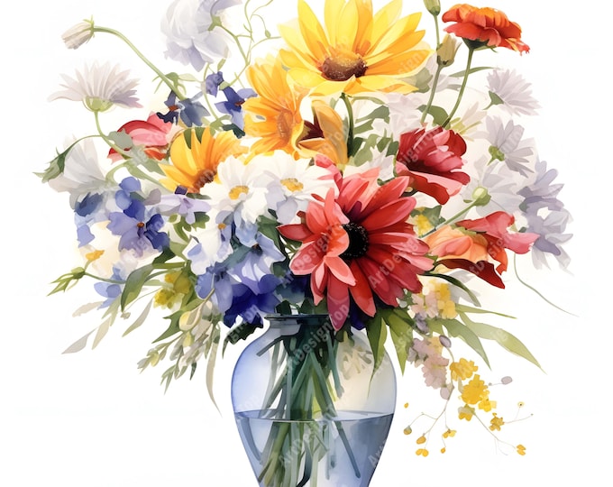 Vase Of Flowers Clipart, Flowers Vase Images, 10 Watercolor Clip Art, Printable JPGs, Instant Download, Commercial Use, Paper craft