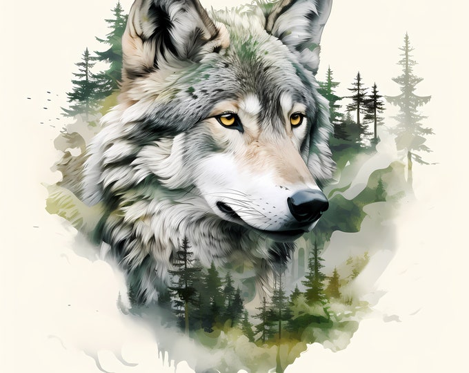 Forest Wolf Clipart, Wolf and Forest Double Exposure Images, 10 Watercolor Clip Art, Printable JPGs, Instant Download, Commercial Use
