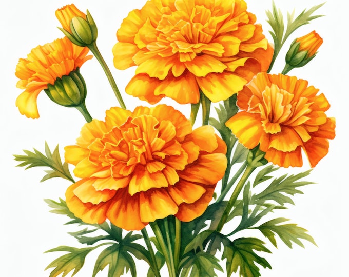 Marigold Flowers Clipart, Bright Orange Floral Images, 10 Watercolor Clip Art, Printable JPGs, Instant Download, Commercial Use, Paper craft