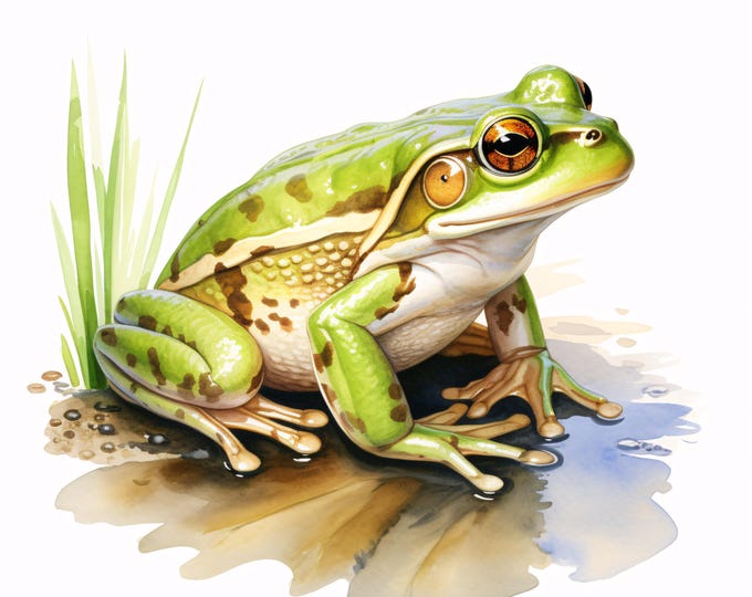 Frog Clipart, Fishing Frog Images, 10 Watercolor Clip Art, Printable JPGs, Instant Download, Commercial Use, Paper Craft