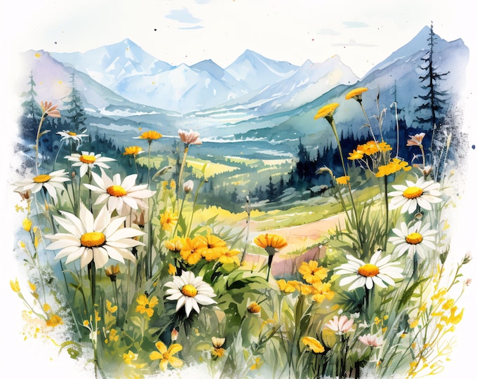 Watercolor Mountain Landscape Clipart: Wildflower Meadow JPGs (Commercial Use, Instant Download)