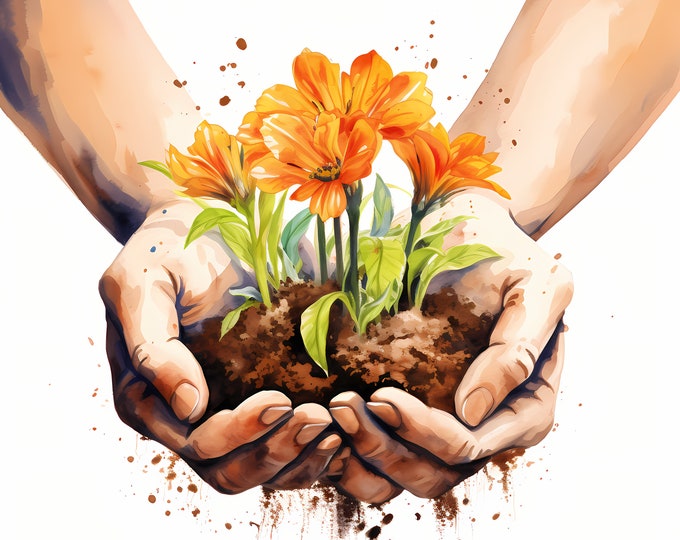 Hands Holding Soil Clipart, Growing Flower Images, 10 Watercolor Clip Art, Printable JPGs, Instant Download, Commercial Use, Paper craft