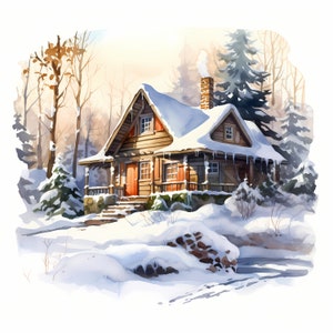 Cabane en clipart enneigé, images petite hutte enneigée, 10 cliparts aquarelle, fichiers JPG imprimables, téléchargement immédiat, usage commercial, créations en papier
