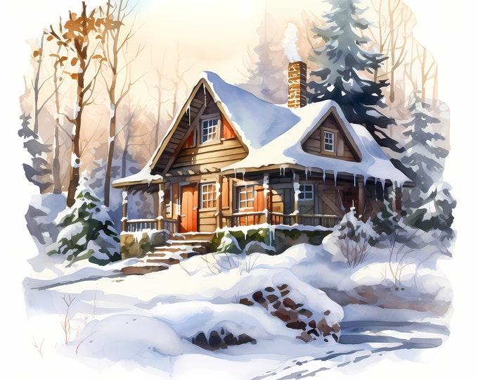 Cabin in Snowy Clipart, Snowy Tiny Hut Images, 10 Watercolor Clip Art, Printable JPGs, Instant Download, Commercial Use, Paper craft