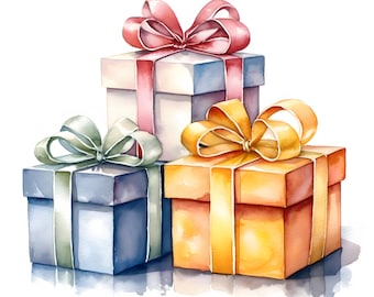 Watercolor Gift Boxes Clipart: Printable Present Images (JPGs)