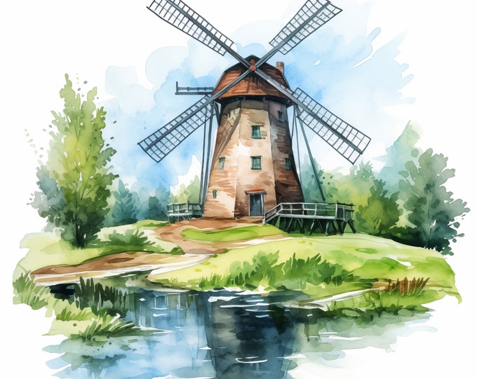 Water Mill Clipart, Watermill Landscape Images, 10 Watercolor Clip Art, Printable JPGs, Instant Download, Commercial Use, Paper craft