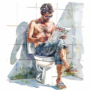 Clipart man, afbeeldingen man op het toilet, 10 aquarel-illustraties, afdrukbare JPG's, Instant Download, Commercieel gebruik, Papercraft