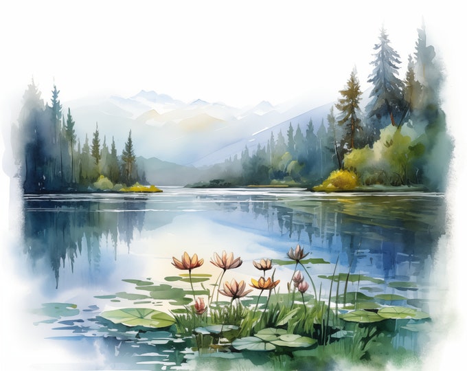 Lake Clipart, Lake Sunset Images, 10 Watercolor Clip Art, Printable JPGs, Instant Download, Commercial Use, Paper craft