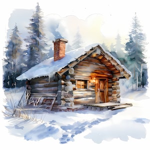 Clipart de cabanes en rondins enneigés, images de cabane en rondins dans la neige, 10 images clipart aquarelle, fichiers JPG imprimables, téléchargement immédiat, usage commercial, créations en papier
