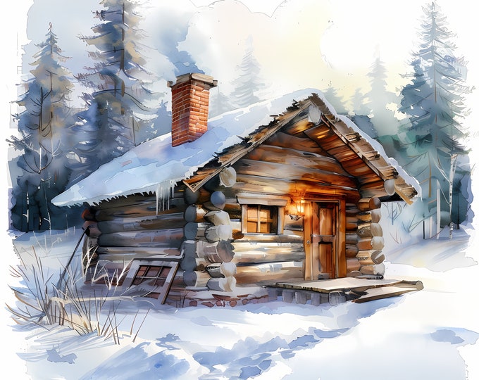 Snowy Log Cabins Clipart, Log Cabin in Snow Images, 10 Watercolor Clip Art, Printable JPGs, Instant Download, Commercial Use, Paper craft
