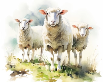 Sheep Clipart, Sheep on Farm Images, 10 Watercolor Clip Art, Printable JPGs, Instant Download, Commercial Use, Paper craft