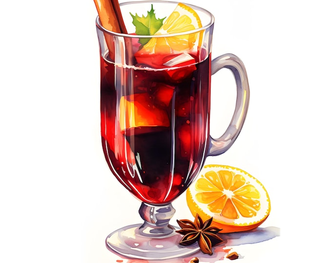 Mulled Wine Clipart, Christmas Drink Images, 10 Watercolor Clip Art, Printable JPGs, Instant Download, Commercial Use, Paper craft