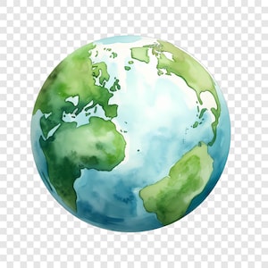 May include: A watercolour illustration of planet Earth. The globe shows continents in green and blue oceans. The artwork has a transparent background, giving it a painted appearance.