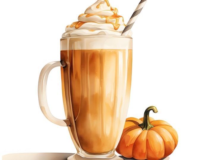 Pumpkin Latte Clipart, Pumpkin Spice Coffee Images, 10 Watercolor Clip Art, Printable JPGs, Instant Download, Commercial Use, Paper craft