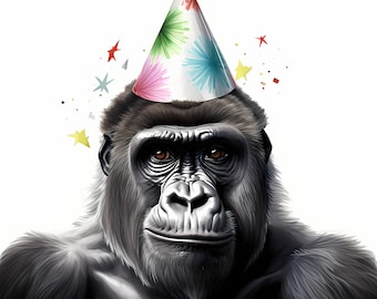 Gorilla Clipart, Monkey with Party Hat Images, 10 Watercolor Clip Art, Printable JPGs, Instant Download, Commercial Use, Paper craft