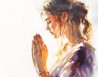 Watercolor Praying Woman Clipart: Christian Art Images (JPG Digital Download)