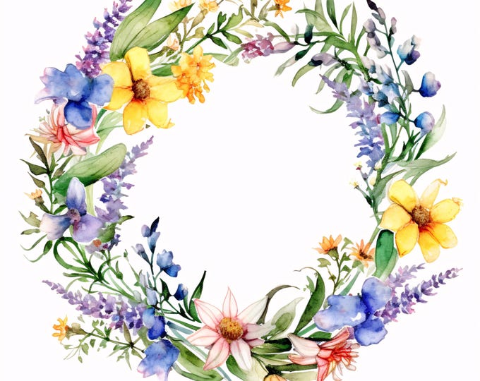 Wildflower Wreath Clipart, Floral Frame Images, 10 Watercolor Clip Art, Printable JPGs, Instant Download, Commercial Use, Paper craft