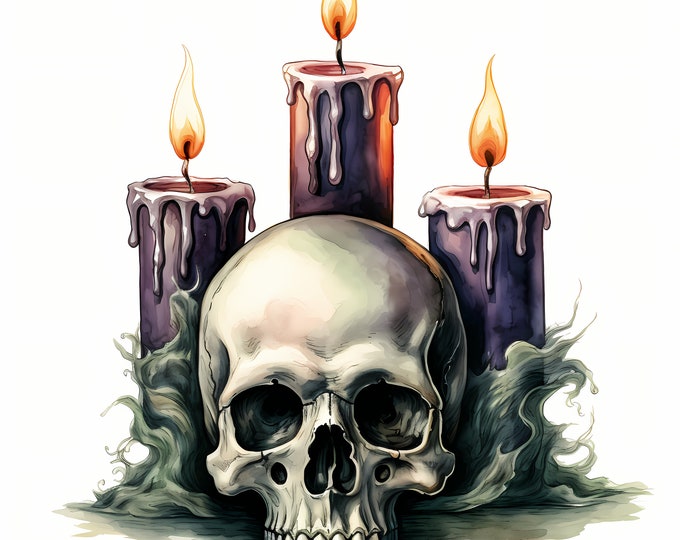 Halloween Skull Clipart, Skull with Candles Images, 10 Watercolor Clip Art, Printable JPGs, Instant Download, Commercial Use, Paper craft