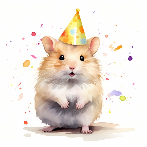 Hamster with Party Hat, Funny Hamster - Watercolor Clipart Set with 10 JPG Images - Instant Download, Commercial Use, Digital Prints