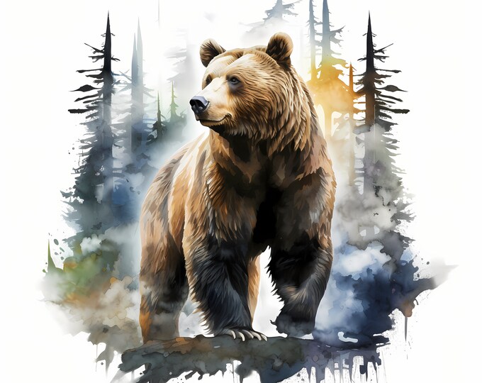 Bear Clipart, Bear and Forest Double Exposure Images, 10 Watercolor Clip Art, Printable JPGs, Instant Download, Commercial Use, Paper craft