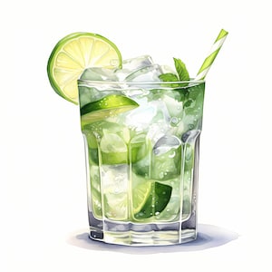 Clipart di Caipirinha, Immagini di Cocktail di Caipirinha, 10 Clip Art ad Acquerello, JPG Stampabili, Download Istantaneo, Uso Commerciale, Carta Creativa