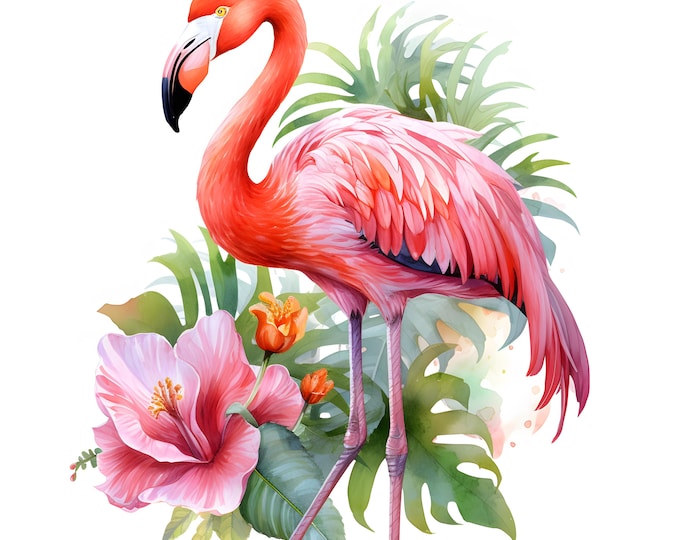 Floral Flamingo Clipart, Flamingo With Flowers Images, 10 Watercolor Clip Art, Printable JPGs, Instant Download, Commercial Use, Paper craft
