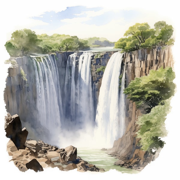 10 Victoria Falls, Victoria Waterfall JPG, Watercolor Clipart, Printable Image, Instant Download, Wall Art, Commercial Use