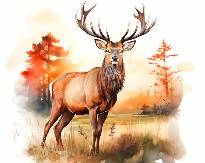 Red Deer in Sunset Clipart, Deer Images, 10 Watercolor Clip Art, Printable JPGs, Instant Download, Commercial Use, Paper craft