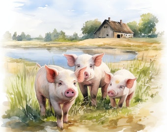 Watercolor Farm Piglets Clipart: 12 Printable JPG Images (Commercial Use)