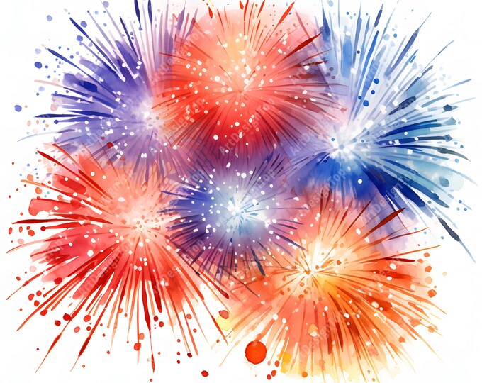 Fireworks Clipart, Salute Images, 10 Watercolor Clip Art, Printable JPGs, Instant Download, Commercial Use, Paper craft
