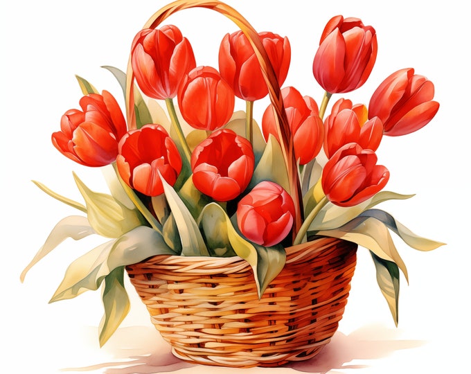 Red Tulips Basket Clipart, Tulips Basket Images, 10 Watercolor Clip Art, Printable JPGs, Instant Download, Commercial Use, Paper craft