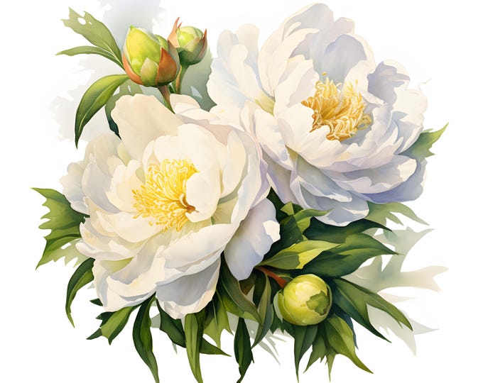 White Peonies Clipart, Wedding Peonies Images, 10 Watercolor Clip Art, Printable JPGs, Instant Download, Commercial Use, Paper craft