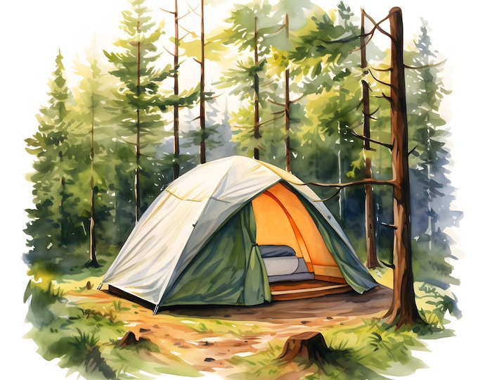 Camping In Forest Clipart, Forest Tent Images, 10 Watercolor Clip Art, Printable JPGs, Instant Download, Commercial Use, Paper craft