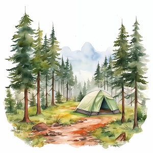 Camping Clipart, Camp in Nature Images, 10 Watercolor Clip Art, Printable JPGs, Instant Download, Commercial Use, Paper craft