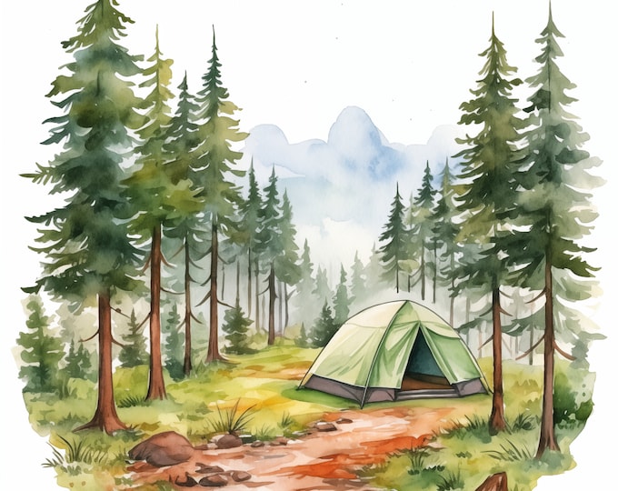 Camping Clipart, Camp in Nature Images, 10 Watercolor Clip Art, Printable JPGs, Instant Download, Commercial Use, Paper craft