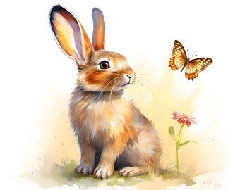 Watercolor Bunny Clipart: Rabbit with Butterfly Images (JPGs, Commercial Use)