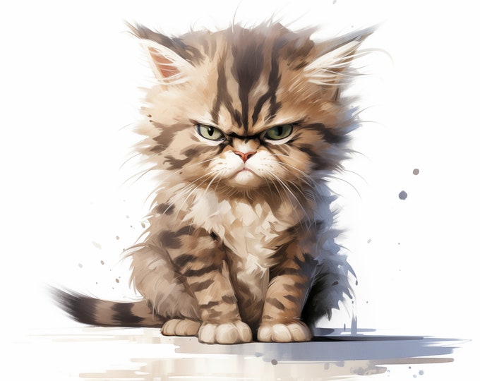 Sad Cat Clipart, Grumpy Kitten Images, 10 Watercolor Clip Art, Printable JPGs, Instant Download, Commercial Use, Paper craft