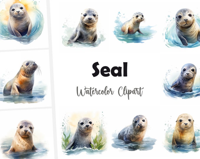 Seal Clipart, Sea Lion Images, 10 Watercolor Clip Art, Printable JPGs, Instant Download, Commercial Use, Paper craft